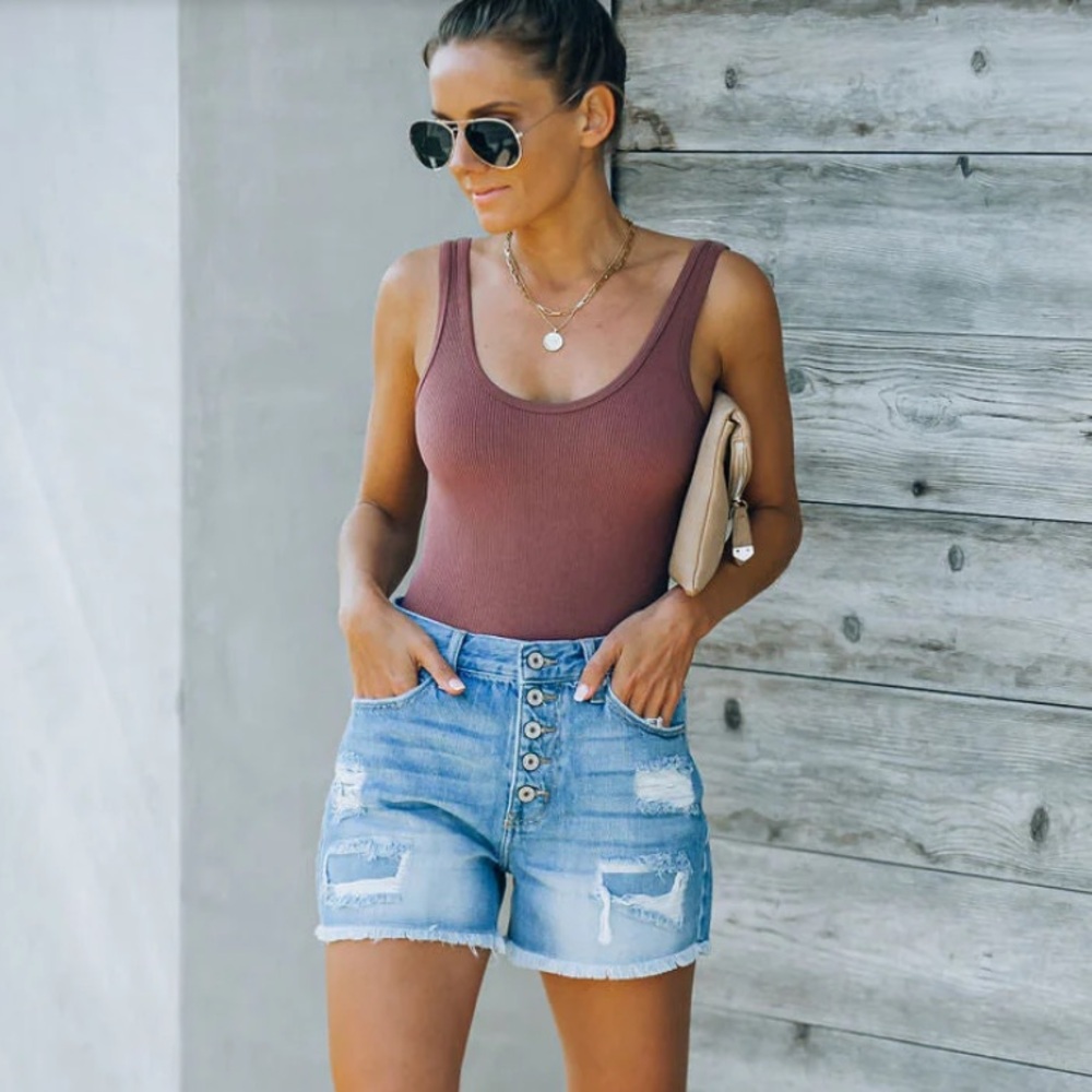 KanCan Light Blue Distressed High-Rise Denim Shorts